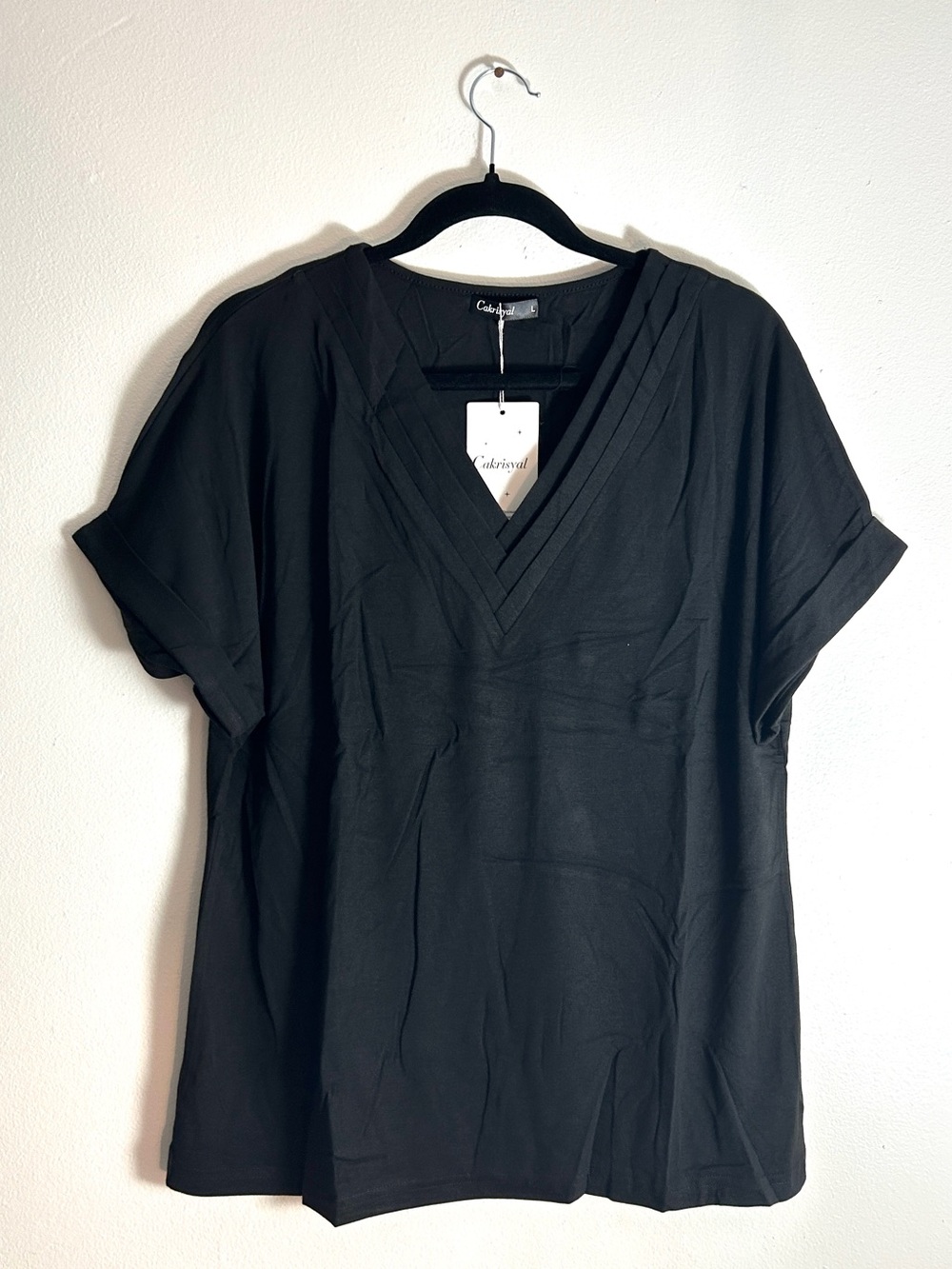 NWT Black V-Neck Top Cuffed Sleeves Stretchy Soft Large Comfy